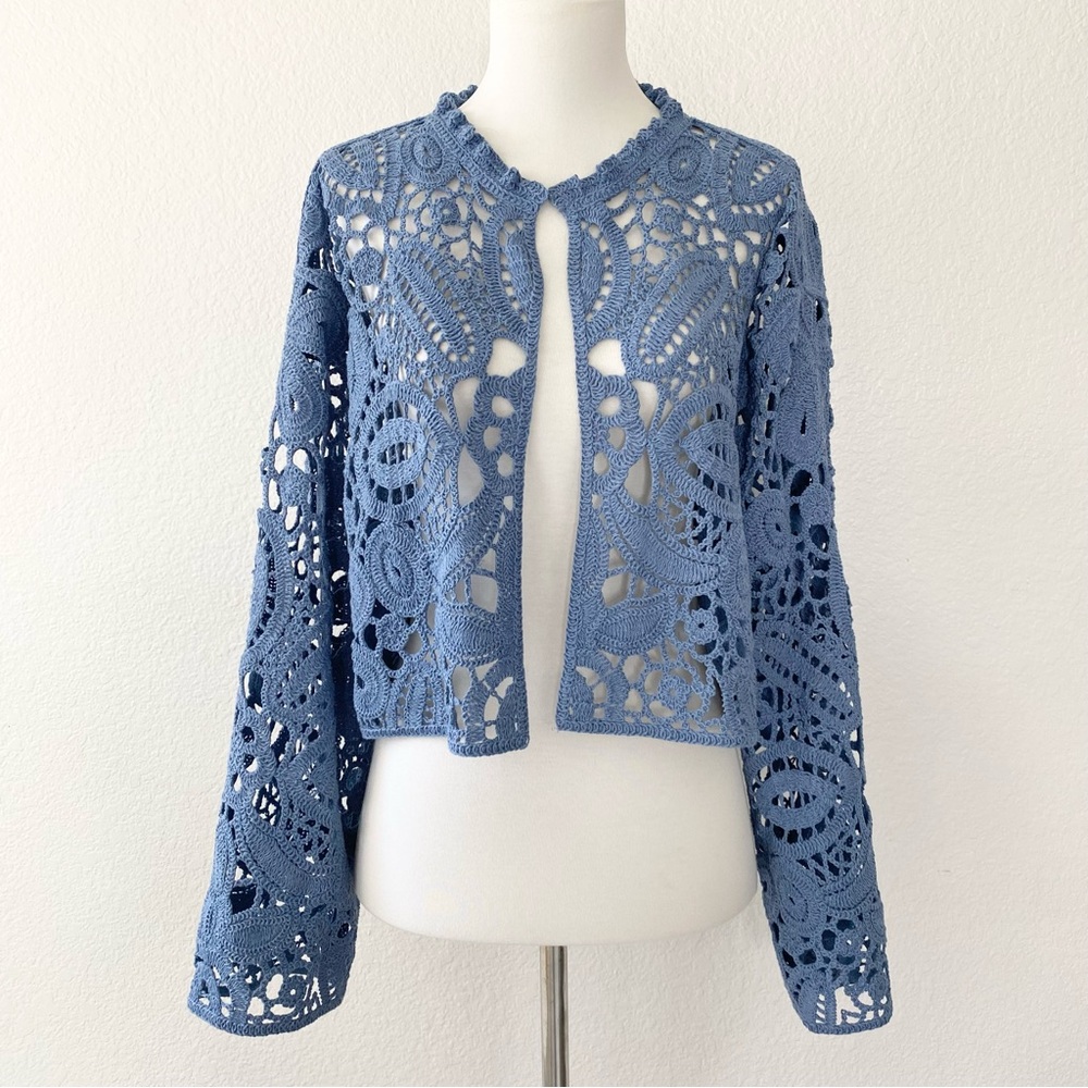 ZARA Blue Crochet Open-Front Cardigan - Picture 1 of 6